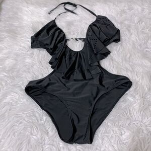 ONE PIECE swimsuit with ruffled plunging Vneck  tie at neck & a back strap sz L